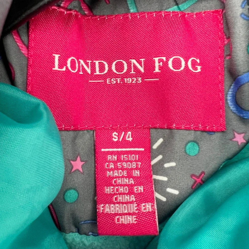 London Fog Kids Puffer Coat Jacket S/4 Blue Faux Fur Hood‎ Embroidered Hearts